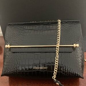 Strathberry Black Croc Crossbody with Gold Chain